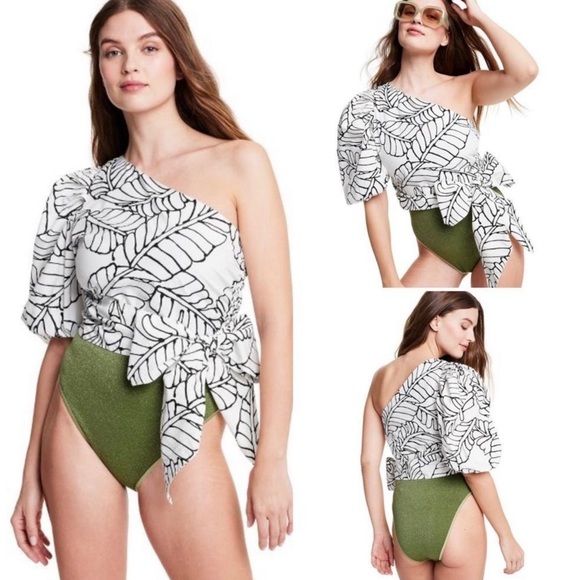 Sketch Palm Leaf Print Wrap Tie One Shoulder Top - Picture 5 of 16
